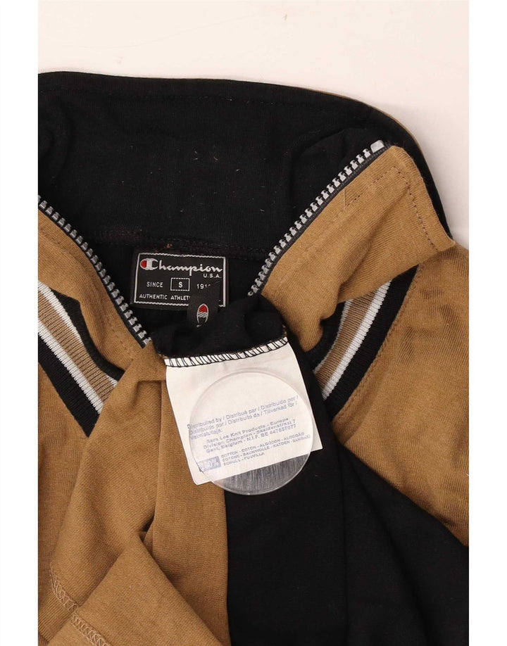 Champion Mens Zip Neck Top Long Sleeve Small Beige Colourblock Cotton