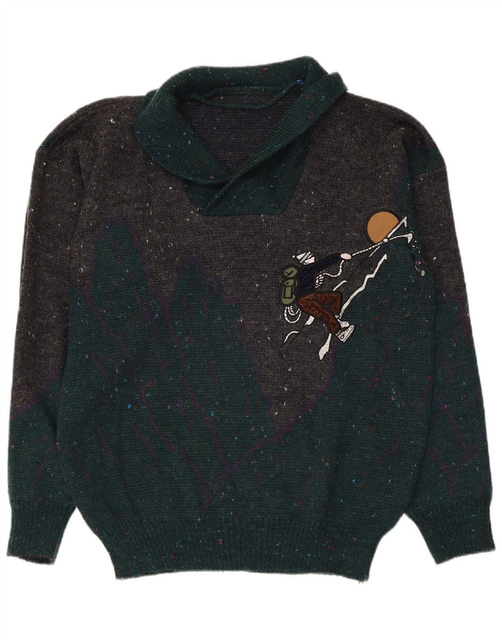Vintage Mens Graphic Shawl Neck Jumper Sweater Medium Multicoloured Flecked