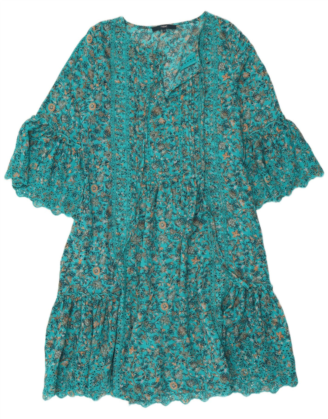 NEXT Womens 3/4 Sleeve A-Line Dress UK 12 Medium Blue Floral Polyester