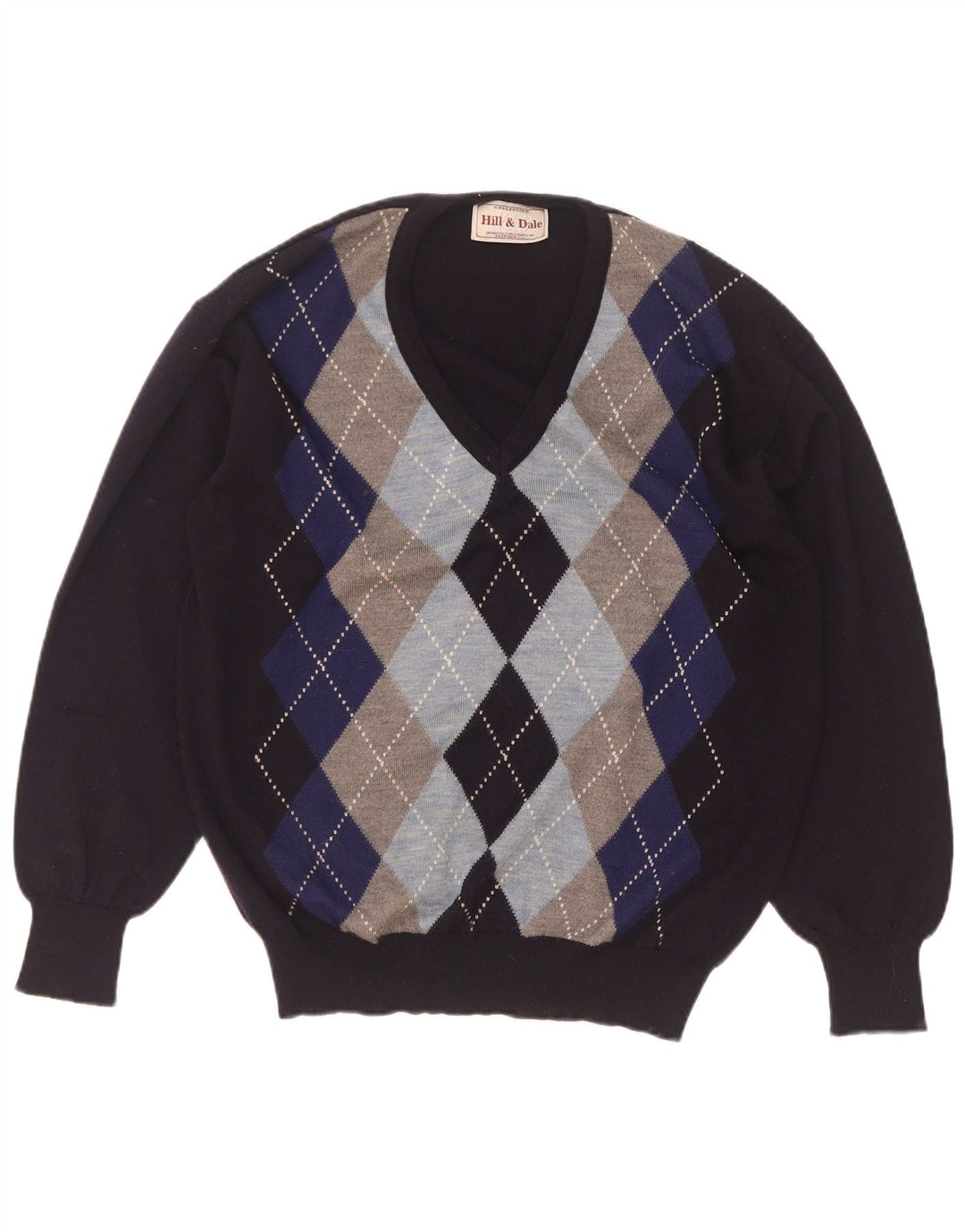 Vintage Mens V-Neck Jumper Sweater IT 48 Medium Navy Blue Argyle/Diamond