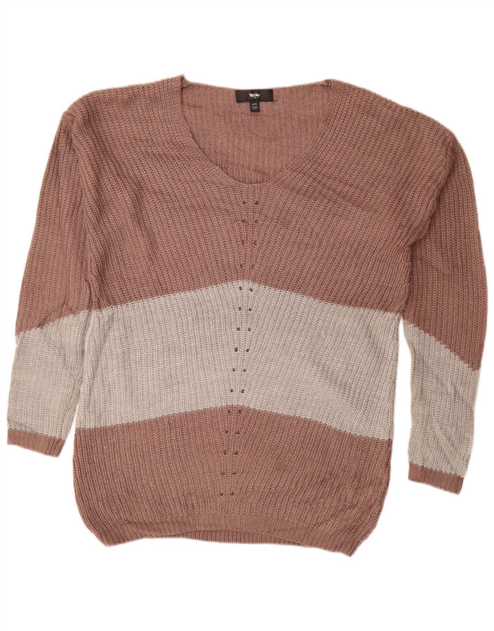 MOSSIMO Womens Oversized V-Neck Jumper Sweater UK 6 XS Brown Colourblock