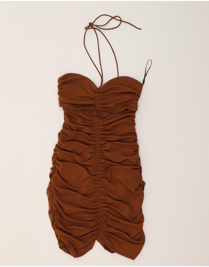 Zara Womens Halter Bodycon Dress UK 12 Medium Brown Polyester