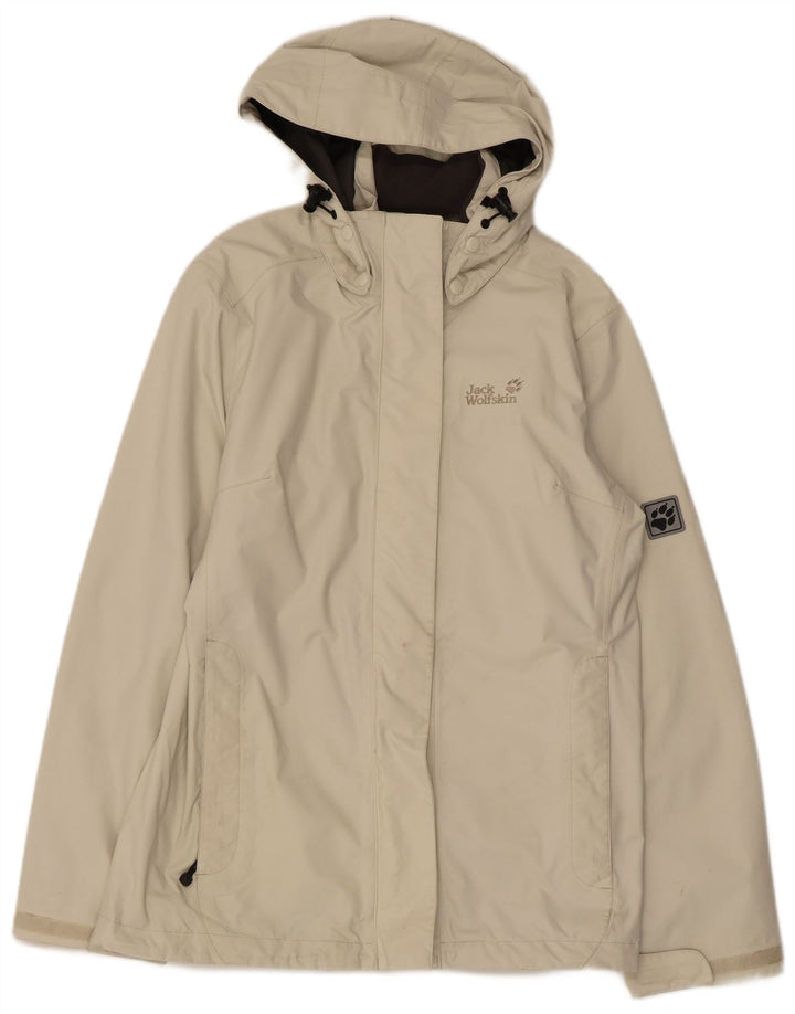 JACK WOLFSKIN Womens Hooded Rain Jacket UK 12/14 Medium Beige Polyamide
