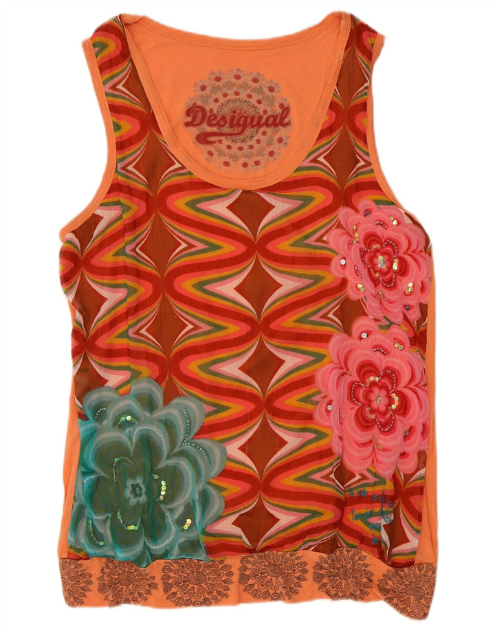 Desigual Womens Graphic Vest Top UK 14 Medium Orange Floral