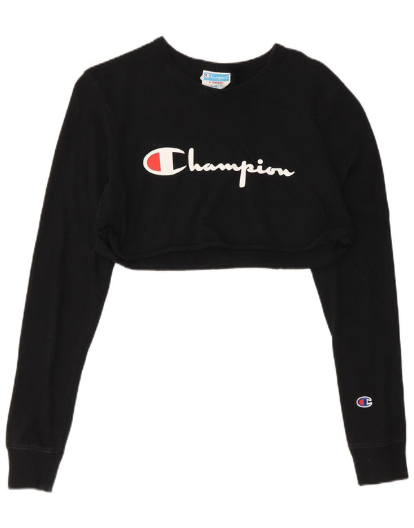 Champion Womens Crop Graphic Sweatshirt Jumper UK 6 XS Black Cotton