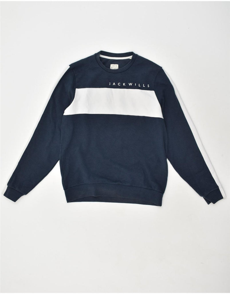 JACK WILLS Mens Graphic Sweatshirt Jumper Large Navy Blue Colourblock | Vintage Jack Wills | Thrift | Second-Hand Jack Wills | Used Clothing | Messina Hembry 