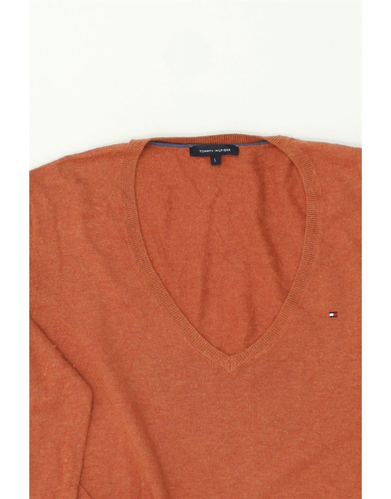 TOMMY HILFIGER Womens V-Neck Jumper Sweater UK 14 Large Orange Wool | Vintage Tommy Hilfiger | Thrift | Second-Hand Tommy Hilfiger | Used Clothing | Messina Hembry 