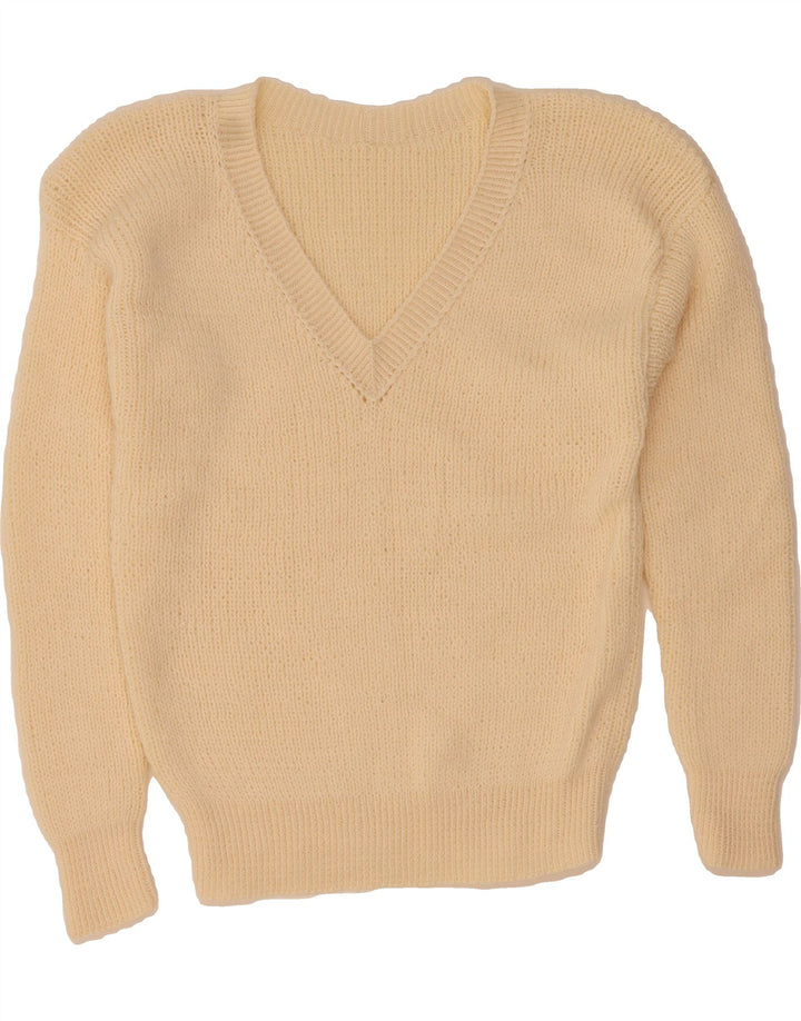 VINTAGE Womens V-Neck Jumper Sweater UK 14 Medium Beige Vintage Vintage and Second-Hand Vintage from Messina Hembry 
