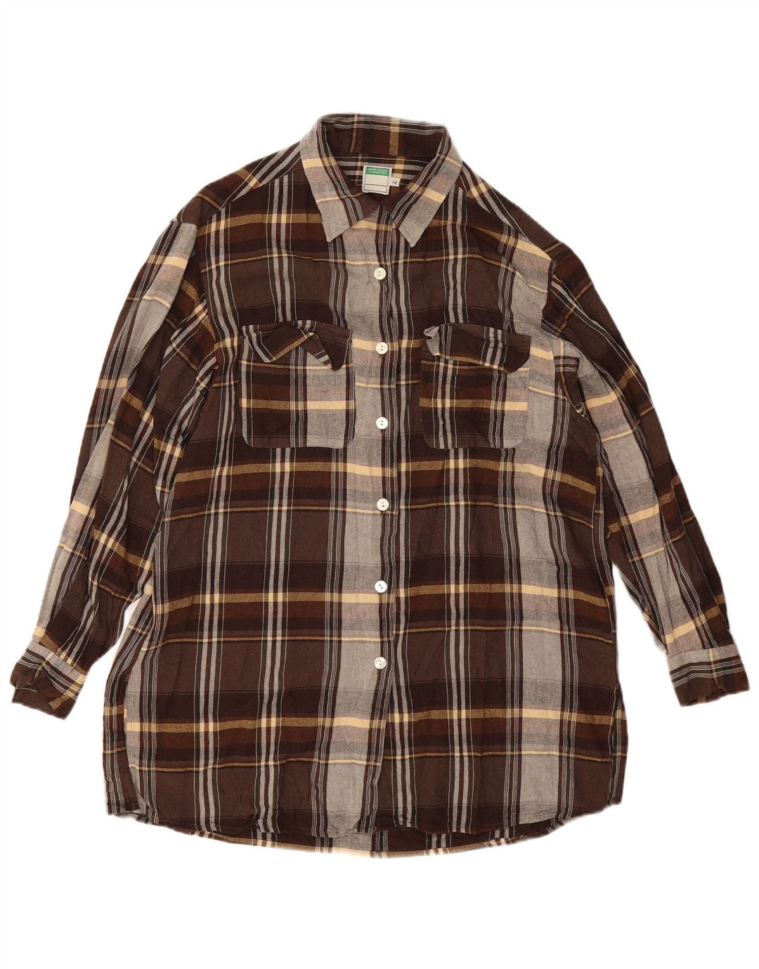 Benetton Womens Shirt IT 42 Medium Brown Check Viscose