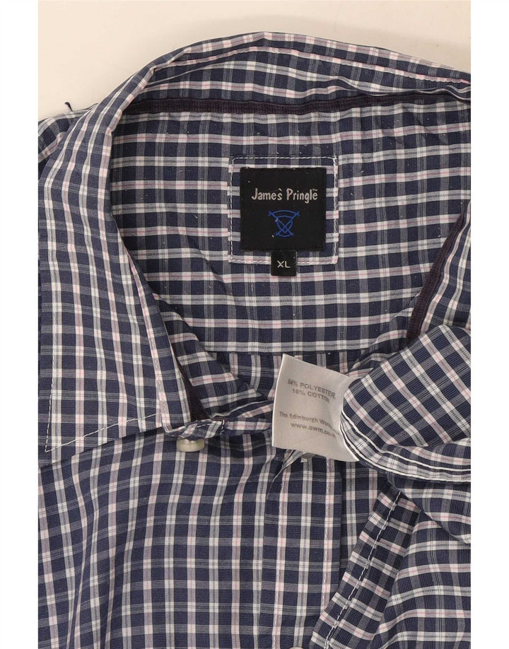 James Pringle Mens Short Sleeve Shirt XL Navy Blue Check Polyester