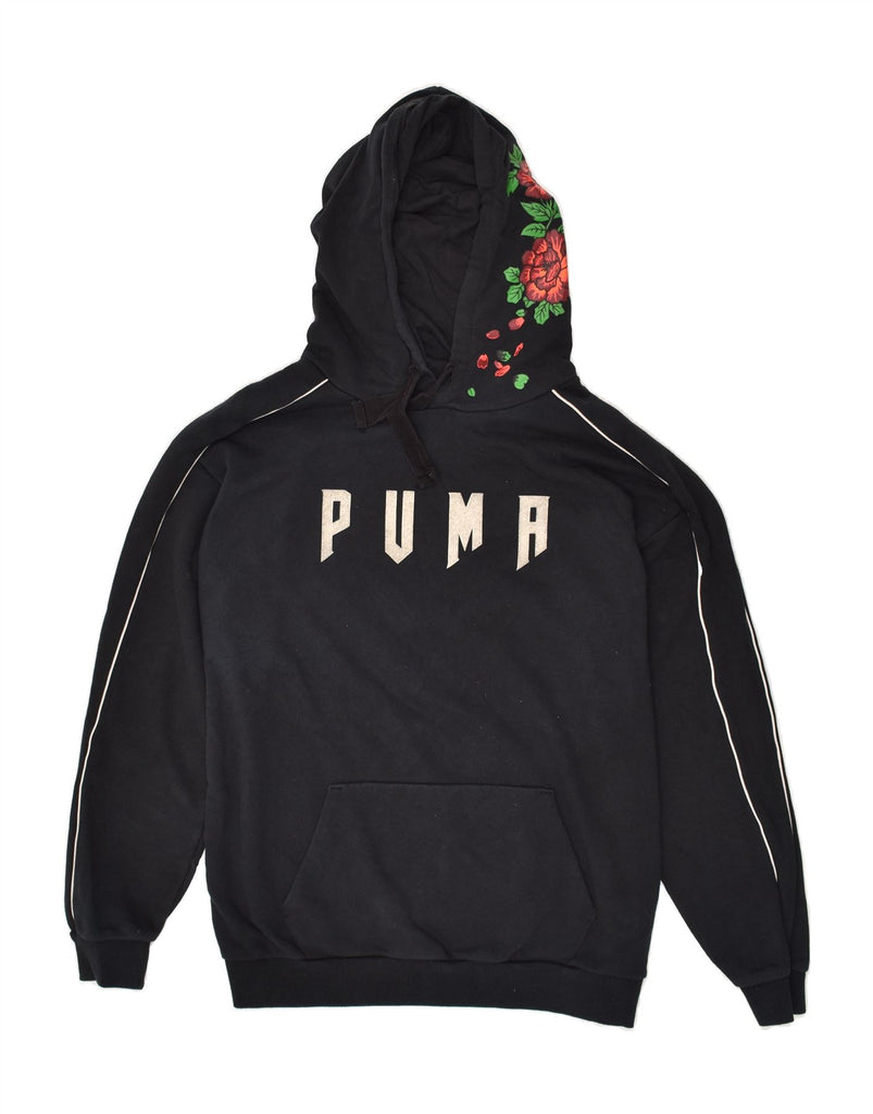 PUMA Womens Oversized Graphic Hoodie Jumper UK 10 Small Black Floral | Vintage Puma | Thrift | Second-Hand Puma | Used Clothing | Messina Hembry 