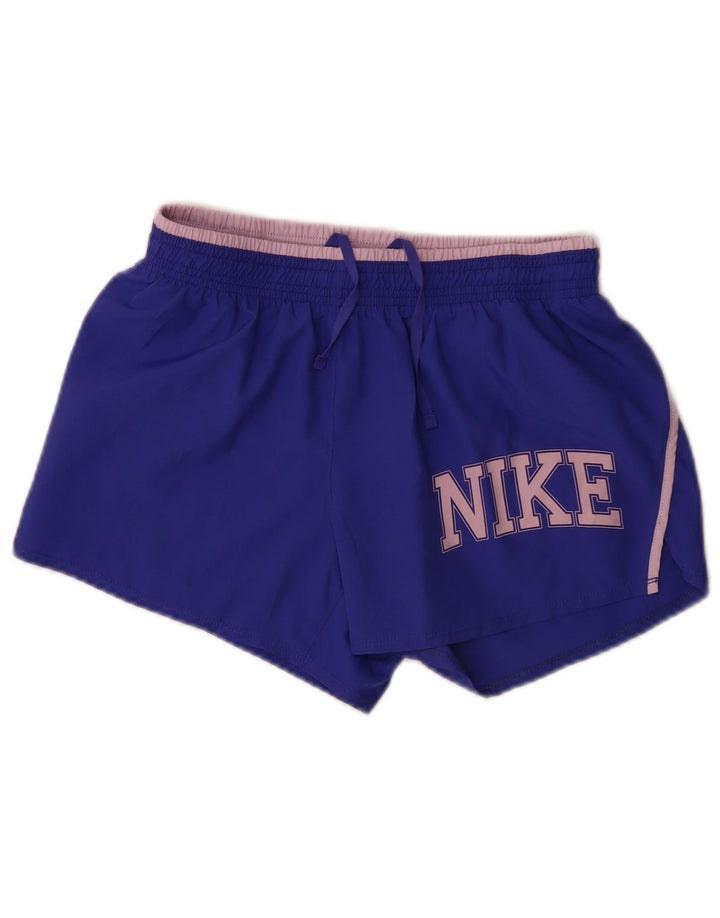 NIKE Womens Dri Fit Graphic Sport Shorts UK 10 Small  Blue Polyester