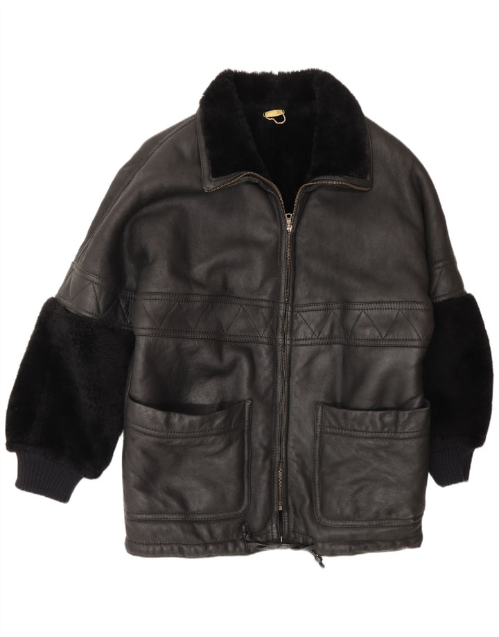 Vintage Mens Shearling Jacket UK 44 2XL Black Shearling