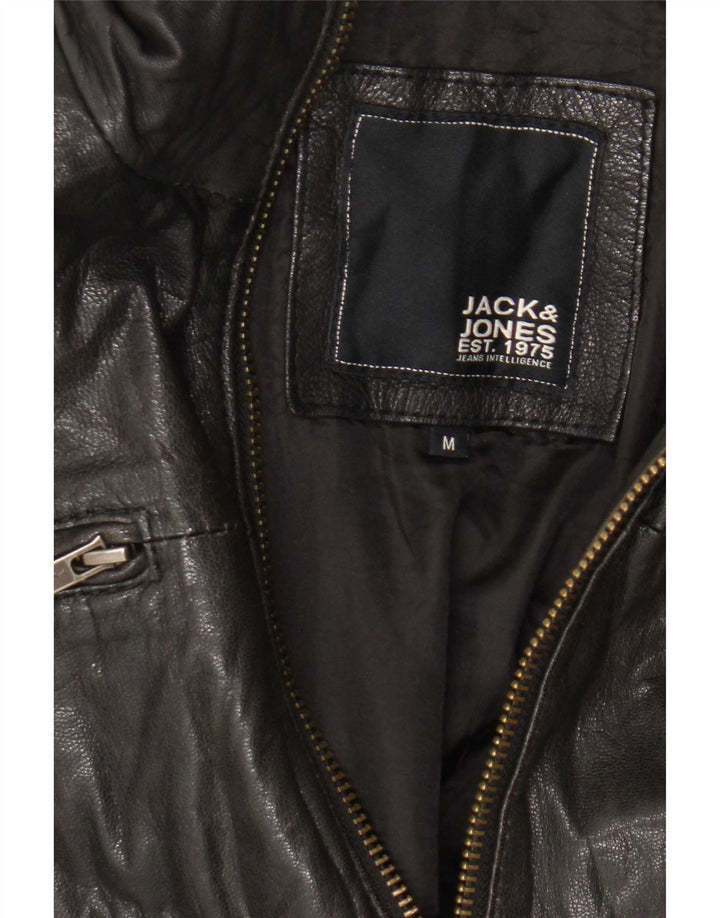 Jack & Jones Mens Leather Bomber Jacket UK 38 Medium Black