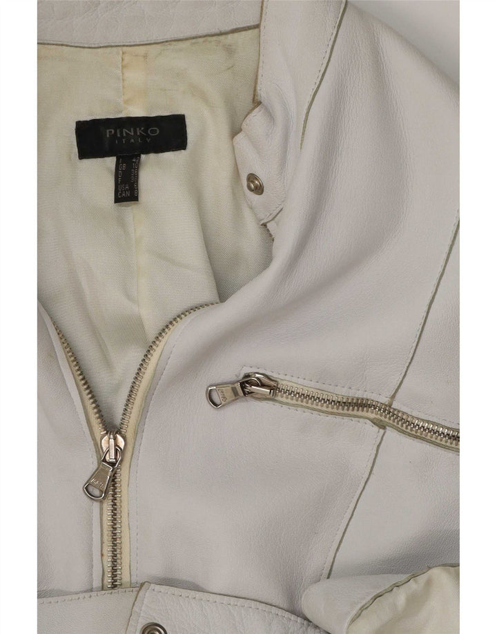Pinko Womens Leather Biker Jacket UK 10 Small White