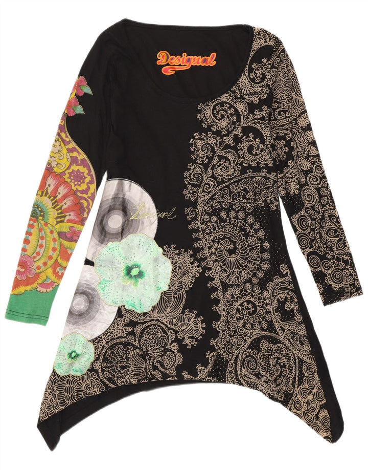 Desigual Womens Graphic Asymmetric Tunic Top UK 10 Small Black Floral