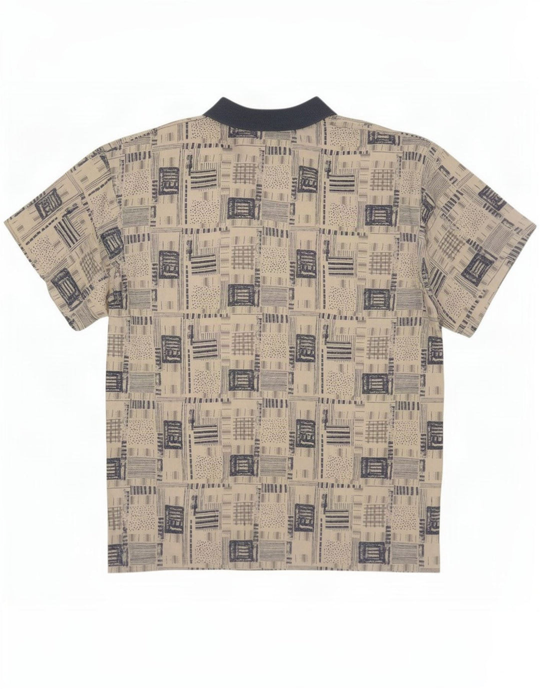 Vintage Mens Short Sleeve Pullover Shirt XL Beige Patchwork Viscose