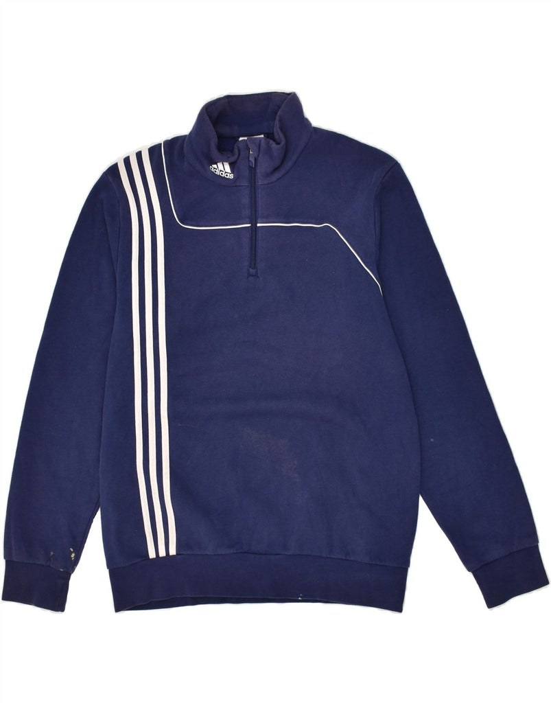 ADIDAS Mens Zip Neck Sweatshirt Jumper UK 42/44 Large Navy Blue Cotton | Vintage Adidas | Thrift | Second-Hand Adidas | Used Clothing | Messina Hembry 