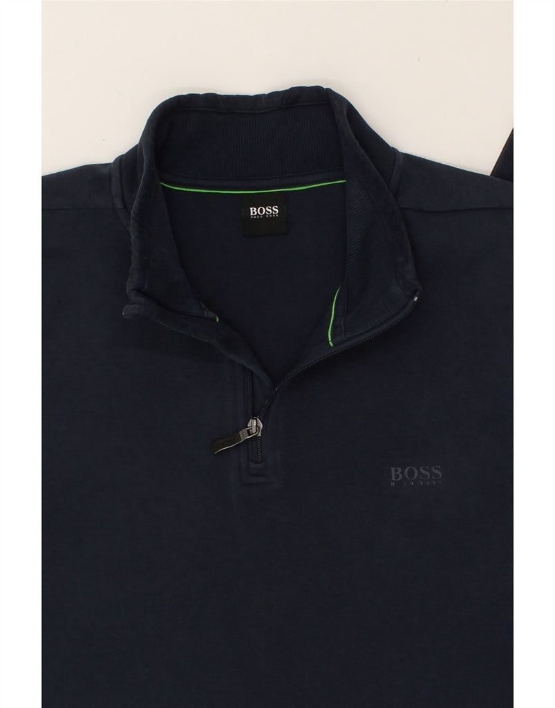 HUGO BOSS Mens Zip Neck Sweatshirt Jumper 2XL Navy Blue Cotton | Vintage Hugo Boss | Thrift | Second-Hand Hugo Boss | Used Clothing | Messina Hembry 