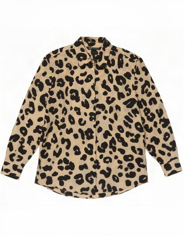 Zara Womens Shirt Blouse UK 14 Medium Beige Animal Print Polyester