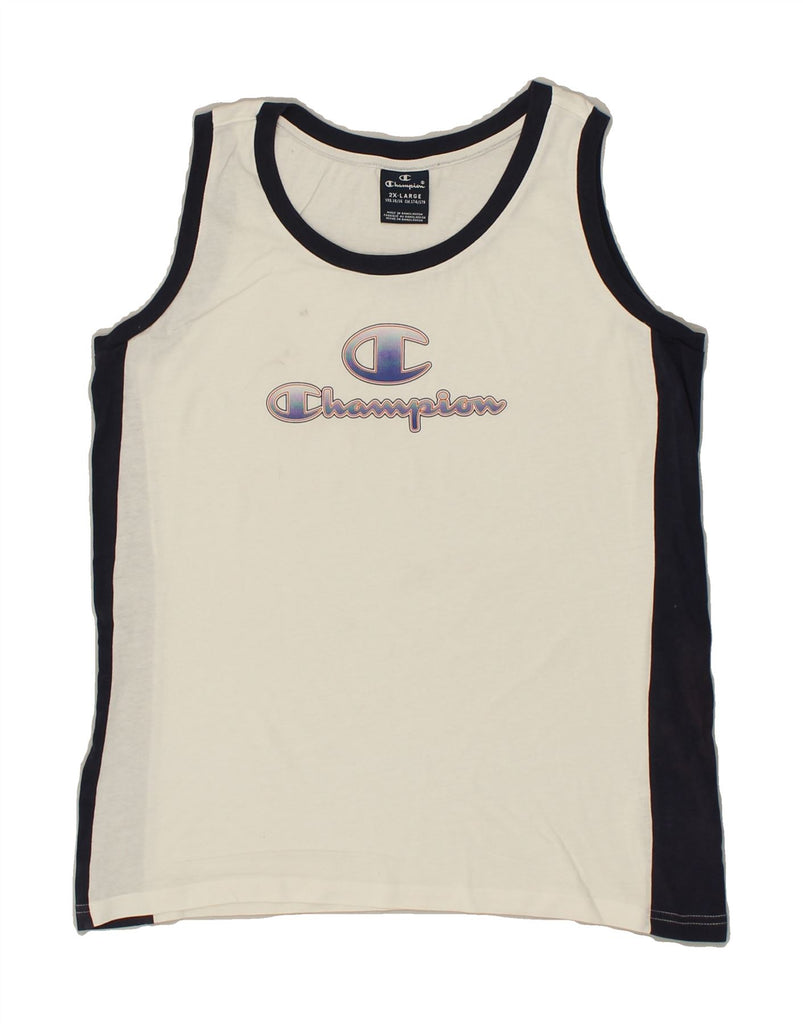 CHAMPION Boys Graphic Vest Top 15-16 Years 2XL  White Colourblock Cotton | Vintage Champion | Thrift | Second-Hand Champion | Used Clothing | Messina Hembry 