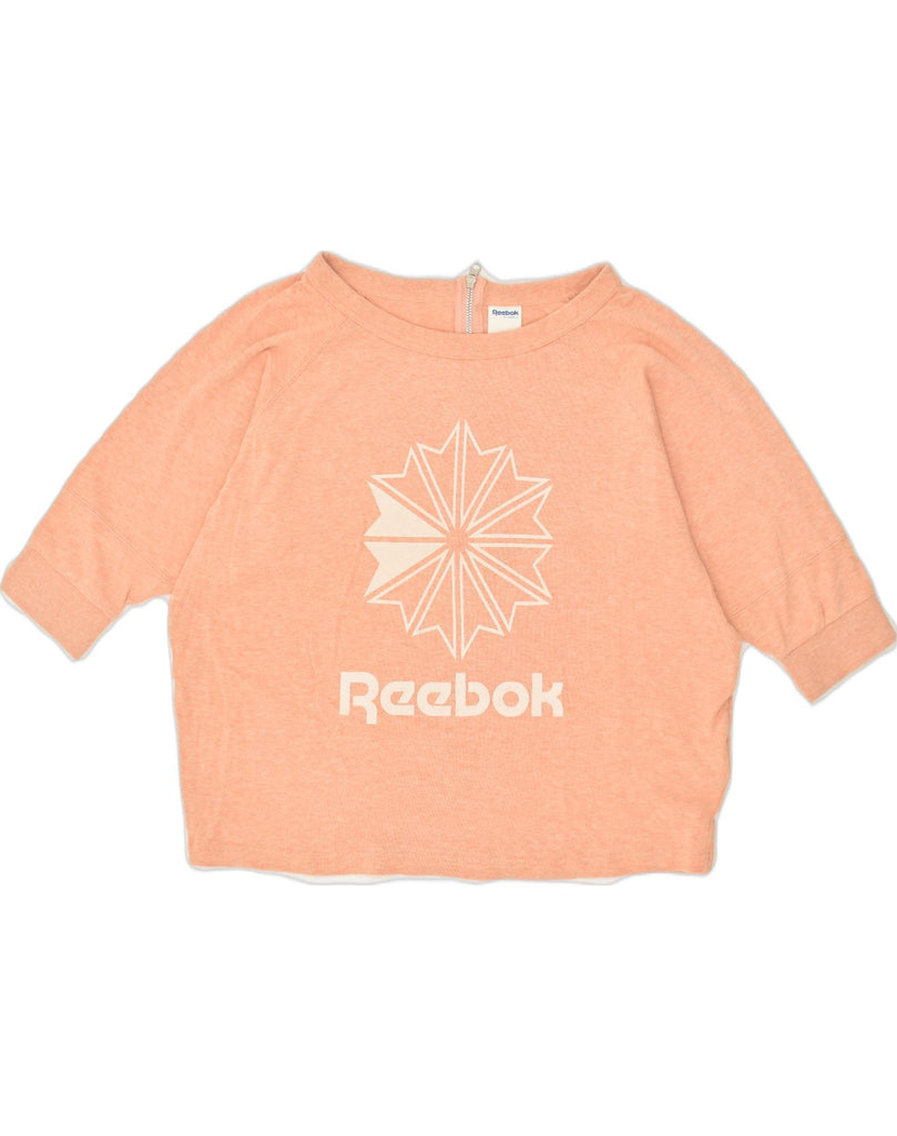 REEBOK Womens 3/4 Sleeve Graphic Sweatshirt Jumper UK 16 Large Orange | Vintage Reebok | Thrift | Second-Hand Reebok | Used Clothing | Messina Hembry 