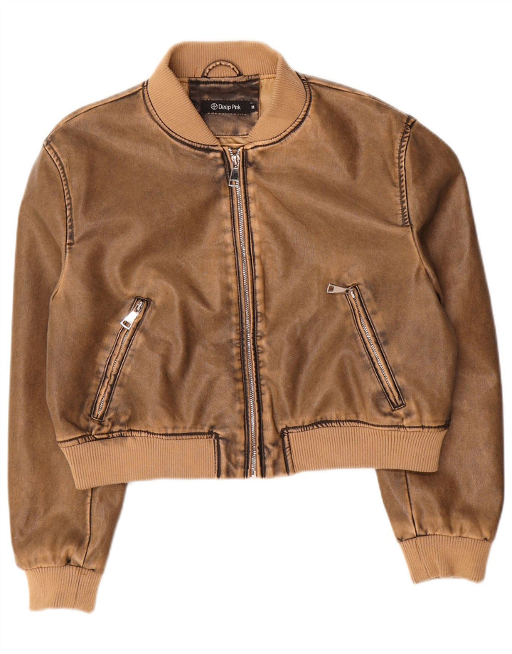 Vintage Womens Crop Faux Leather Bomber Jacket UK 14 Medium Brown