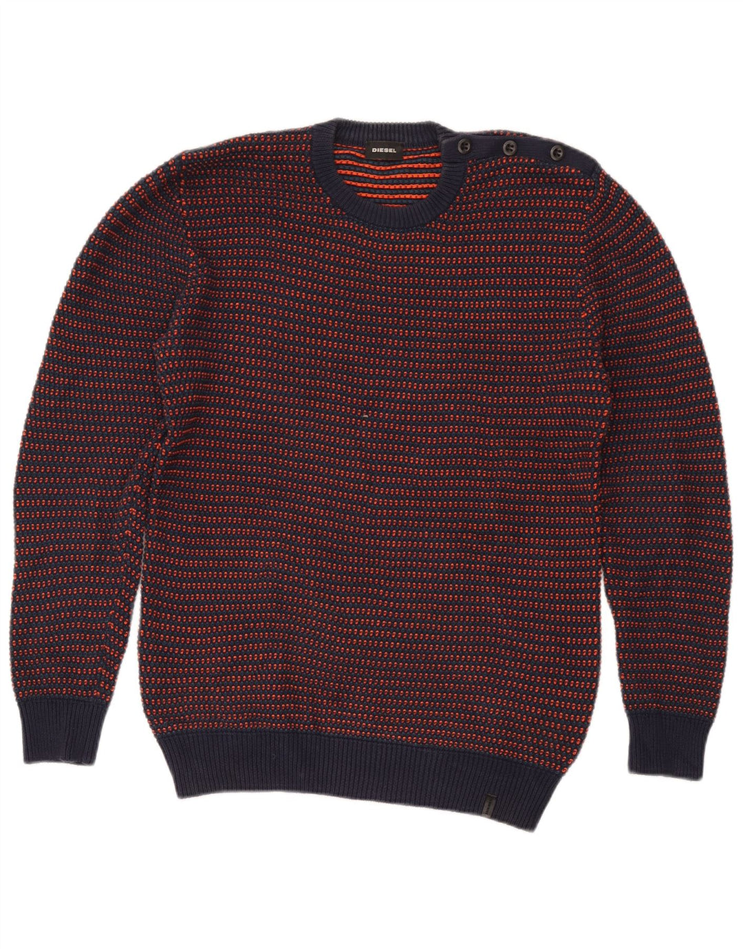 Diesel Mens Crew Neck Jumper Sweater Medium Navy Blue Striped Cotton
