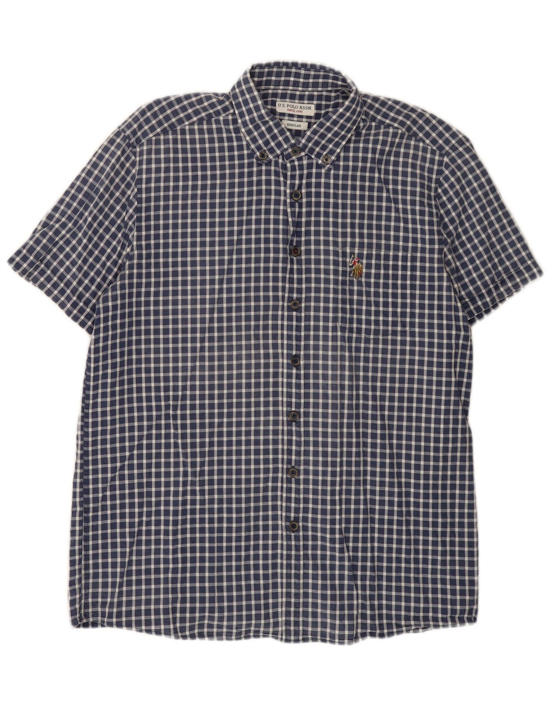 U.S. Polo Assn. Mens Regular Short Sleeve Shirt Large Navy Blue Gingham