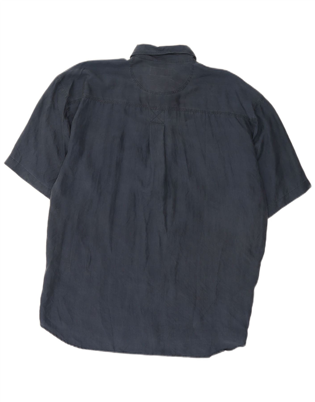 Vintage Mens Short Sleeve Shirt Large Navy Blue Silk