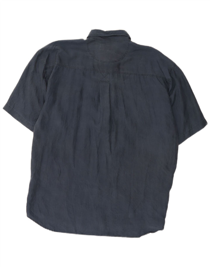 Vintage Mens Short Sleeve Shirt Large Navy Blue Silk