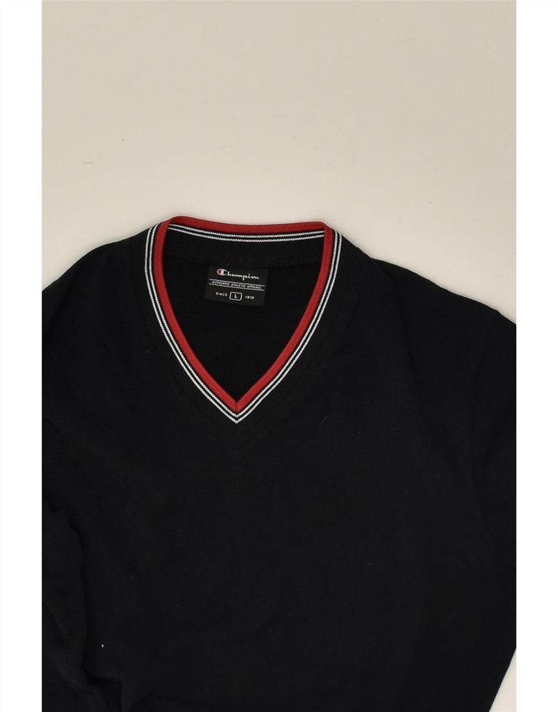 CHAMPION Boys V-Neck Jumper Sweater 10-11 Years Large Black Cotton | Vintage Champion | Thrift | Second-Hand Champion | Used Clothing | Messina Hembry 