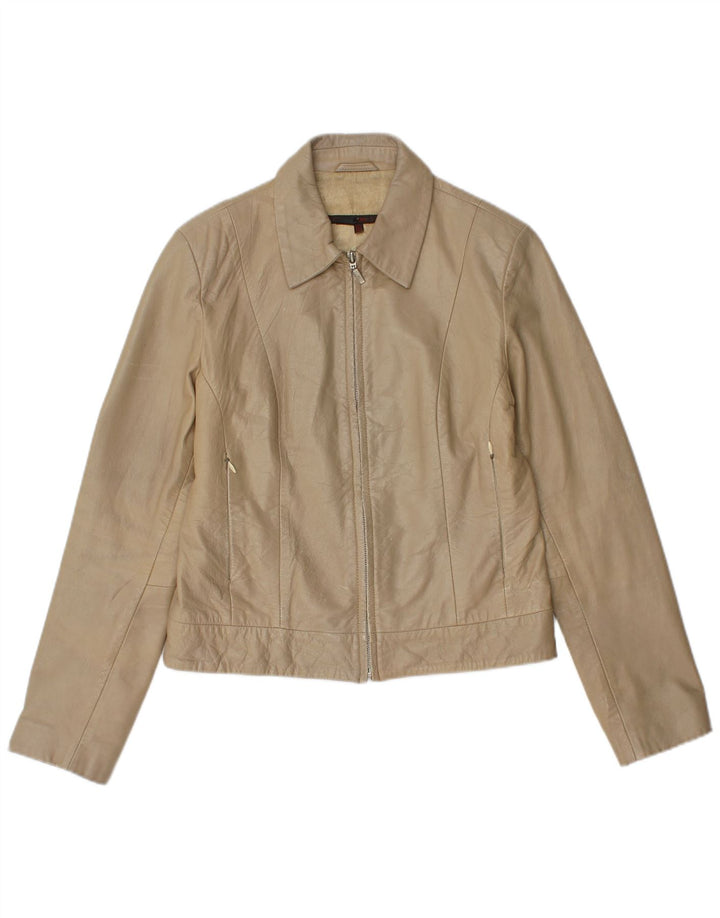 Zara Womens Crop Leather Jacket UK 14 Large Beige Leather
