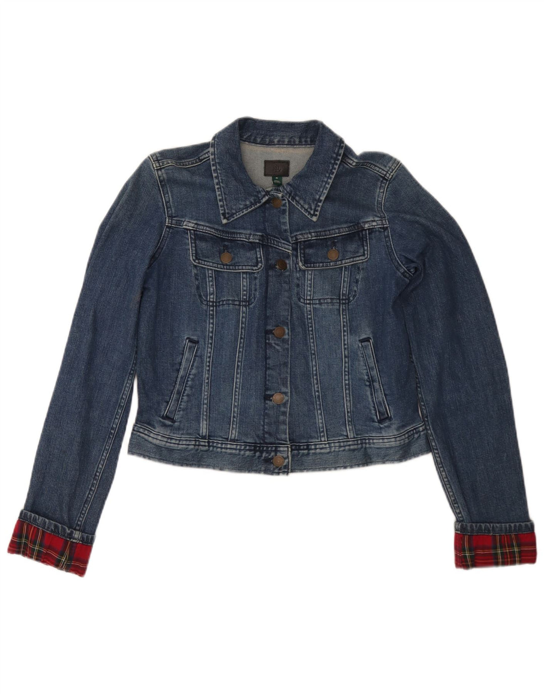 Ralph Lauren Womens Crop Denim Jacket UK 12 Medium Blue Check Cotton