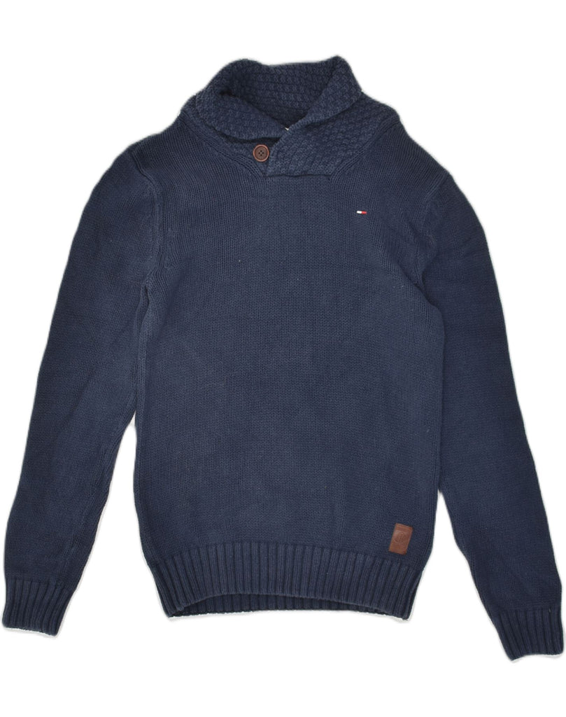 TOMMY HILFIGER Mens Shawl Neck Jumper Sweater Small Navy Blue Cotton | Vintage Tommy Hilfiger | Thrift | Second-Hand Tommy Hilfiger | Used Clothing | Messina Hembry 