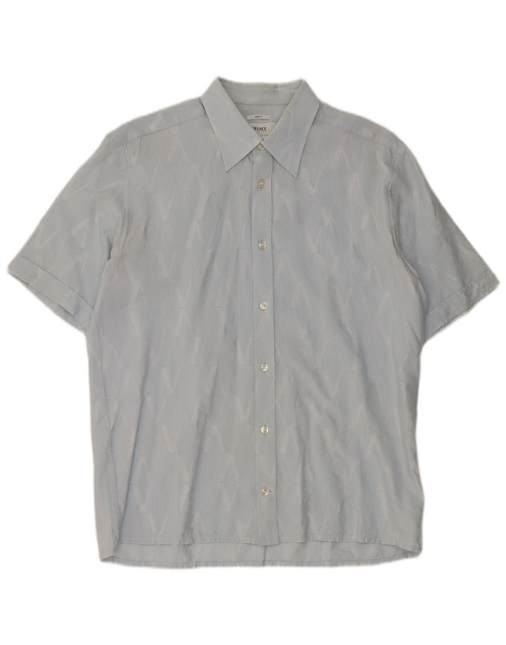 Versace Mens Short Sleeve Shirt Size 40 15 3/4 Medium Blue Geometric