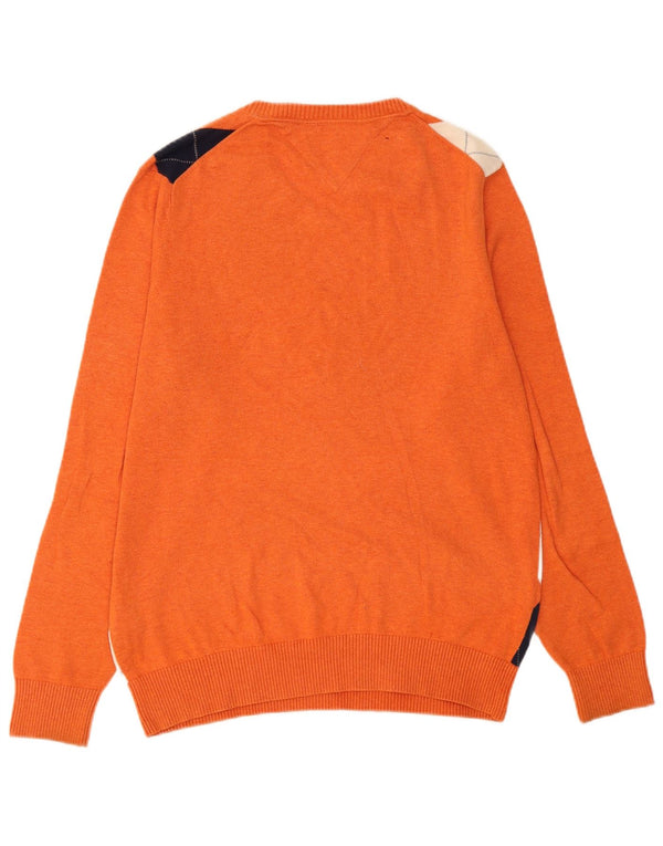 Tommy Hilfiger Mens V-Neck Jumper Sweater Medium Orange Argyle/Diamond