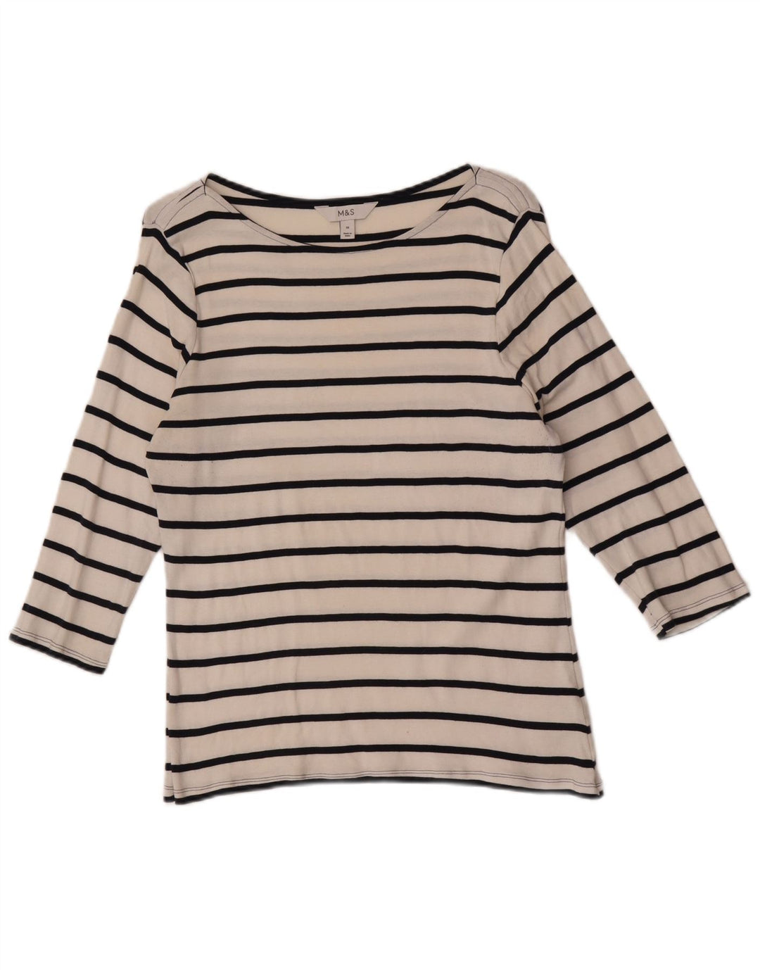 Marks & Spencer Womens Top 3/4 Sleeve UK 16 Large White Striped Cotton