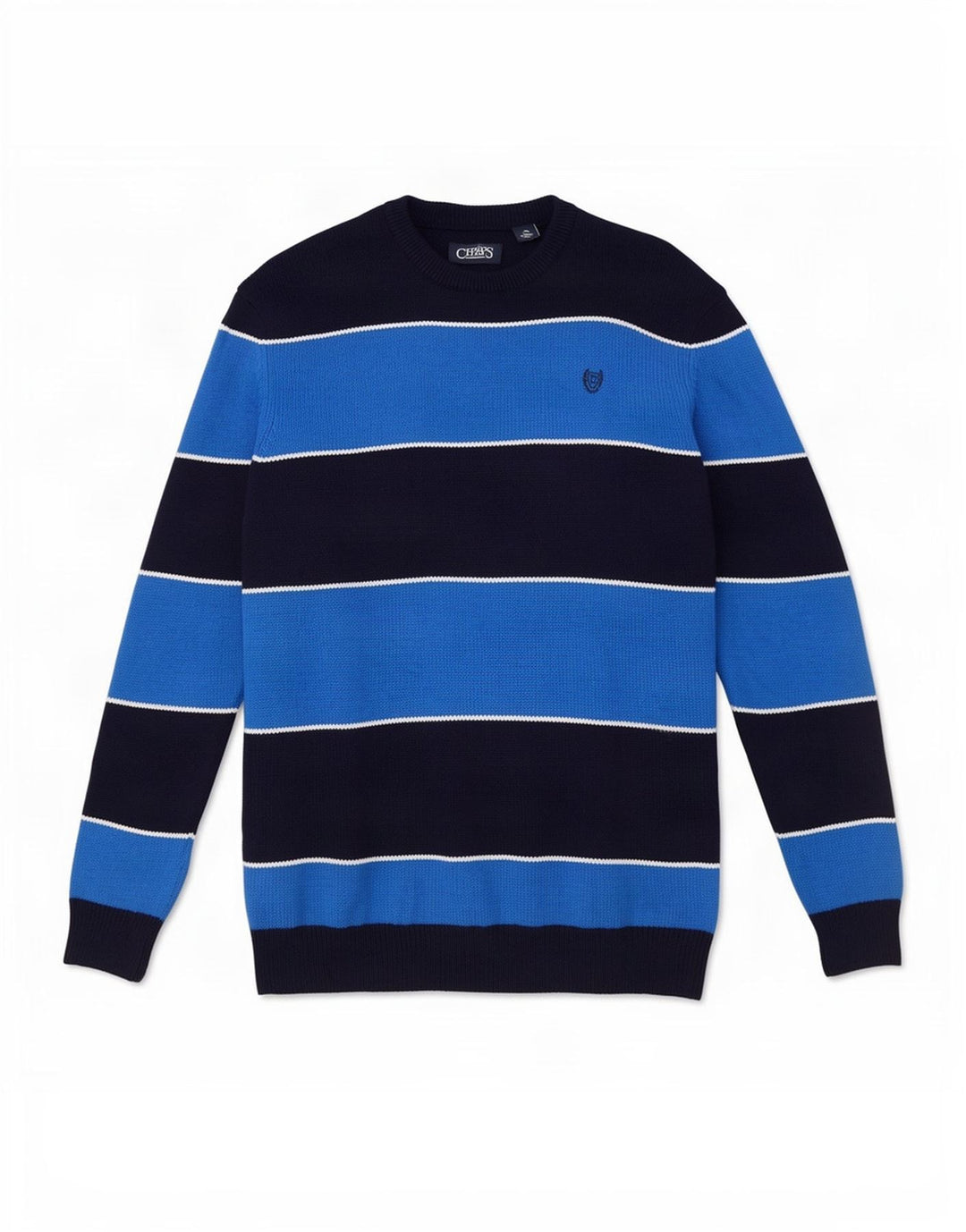 Chaps Mens Crew Neck Jumper Sweater Large Navy Blue Striped Cotton