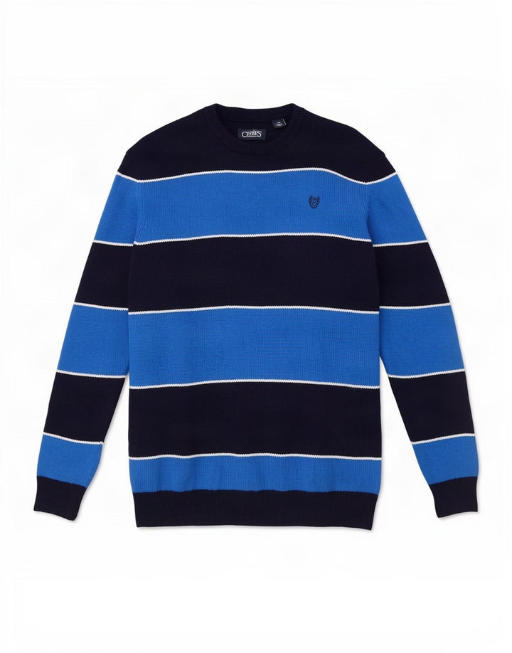 Chaps Mens Crew Neck Jumper Sweater Large Navy Blue Striped Cotton