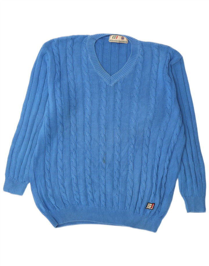 Vintage Mens V-Neck Jumper Sweater 2XL Blue Cotton