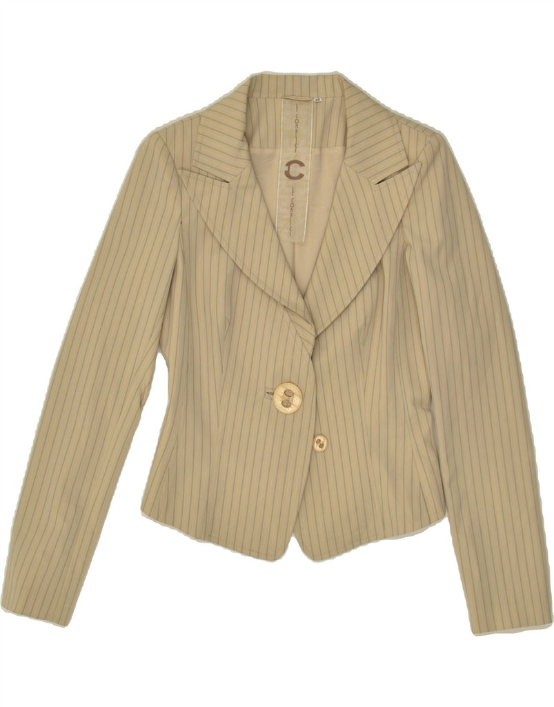 VINTAGE Womens 1 Button Blazer Jacket IT 42 Medium Beige Pinstripe | Vintage Vintage | Thrift | Second-Hand Vintage | Used Clothing | Messina Hembry 
