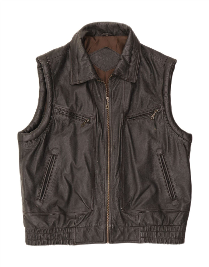 Vintage Mens Leather Gilet IT 54 2XL Brown Leather
