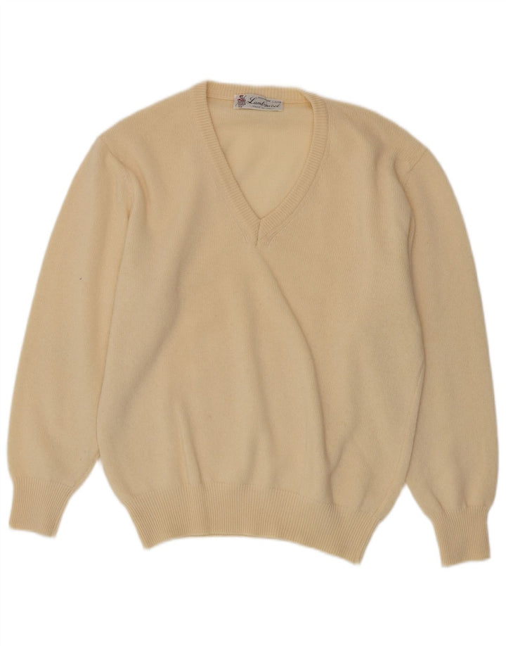 Vintage Mens V-Neck Jumper Sweater Medium Beige Lambswool