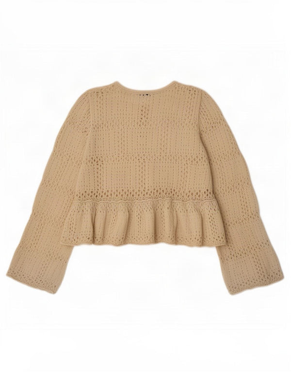 Zara Womens Crop Long Sleeve Crochet Blouse Top UK 12 Medium Beige Cotton