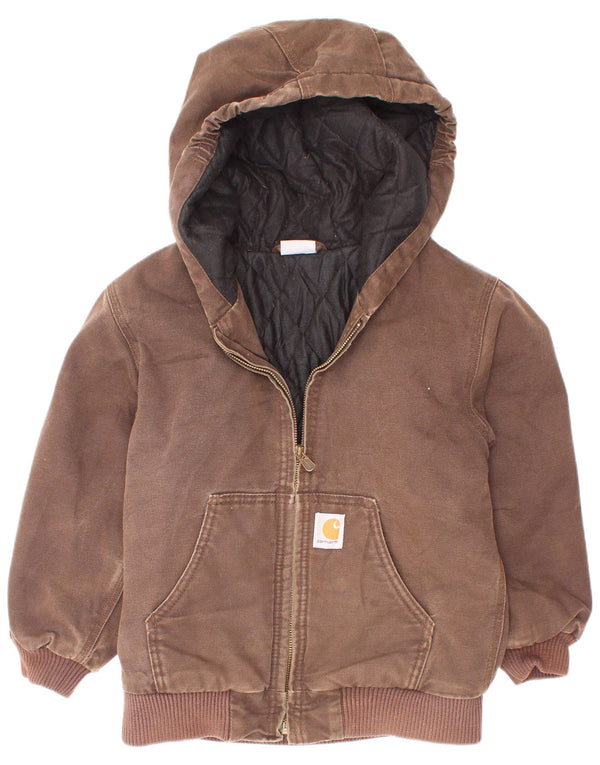 Carhartt Boys Hooded Bomber Jacket 7-8 Years Small Brown Cotton