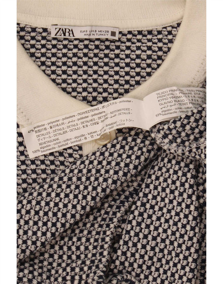 Zara Womens Crop Polo Shirt UK 10 Small Blue Geometric Polyester