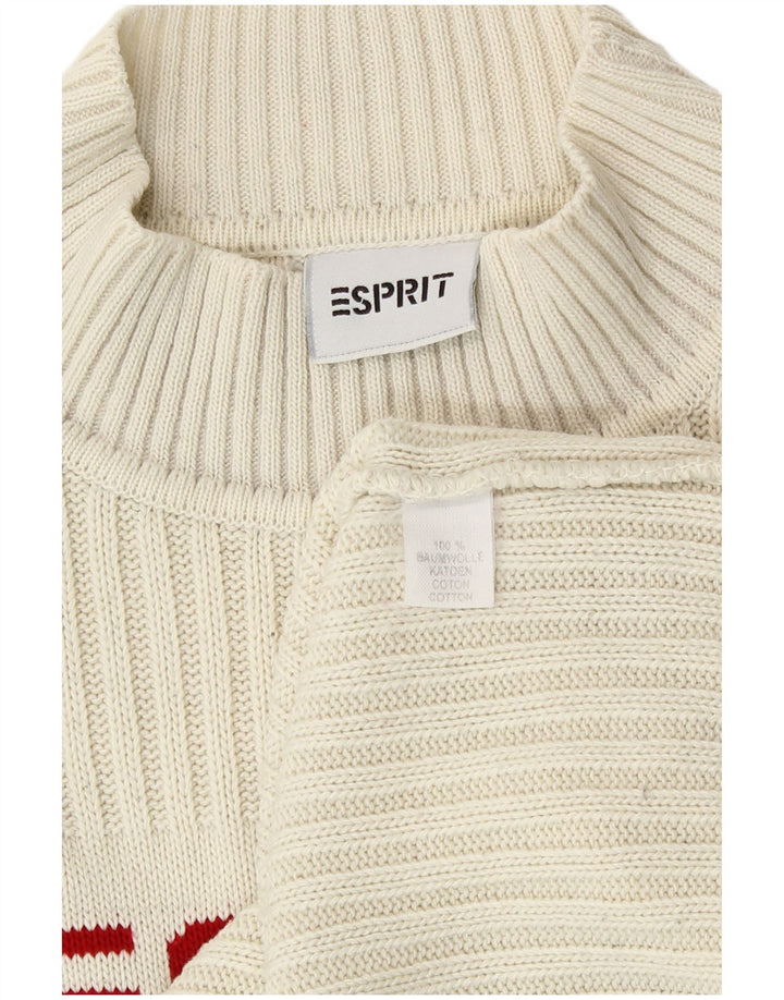 Esprit Womens Graphic Turtle Neck Jumper Sweater UK 14 Medium White Cotton