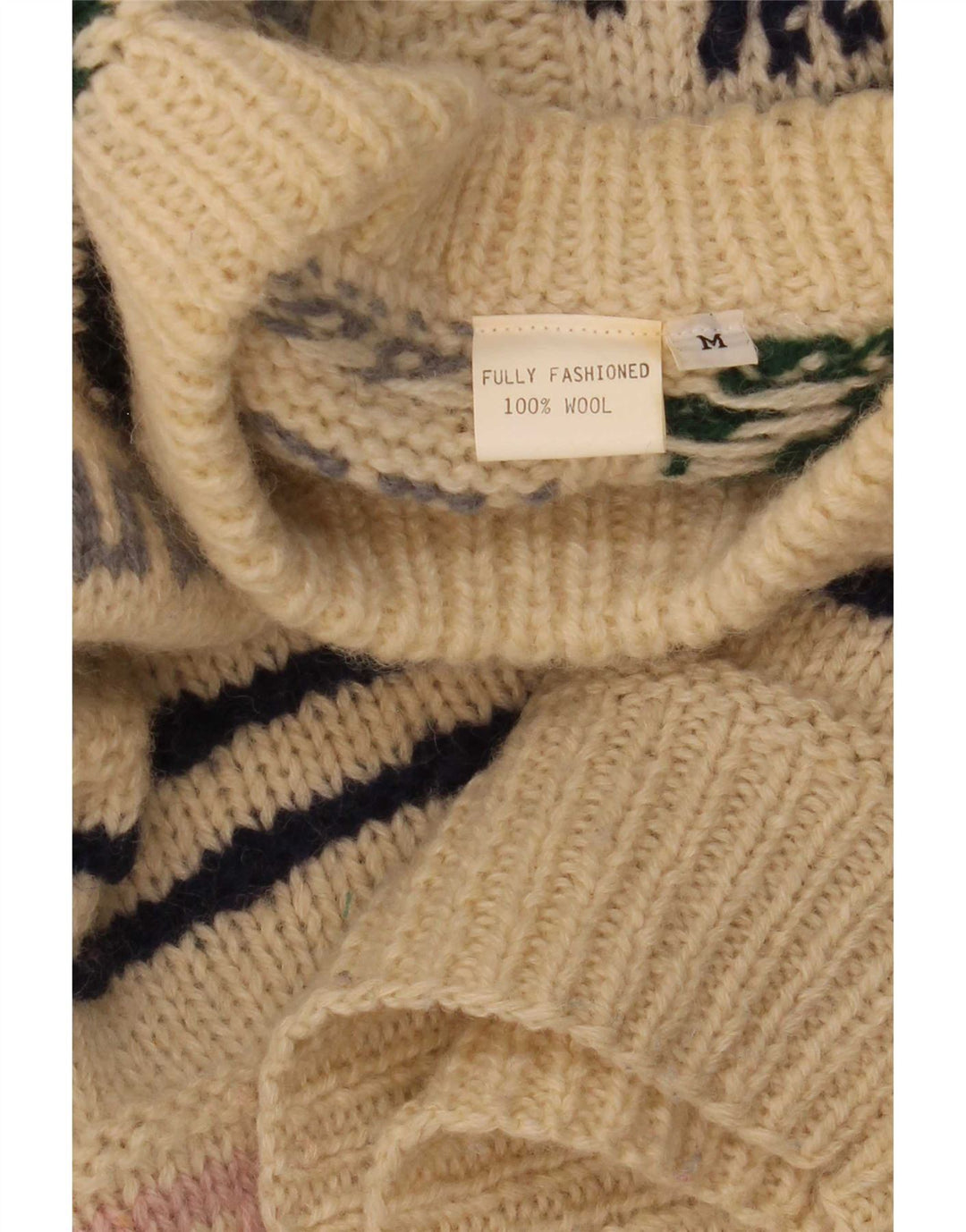 Vintage Mens Crew Neck Jumper Sweater Medium Beige Patchwork Wool