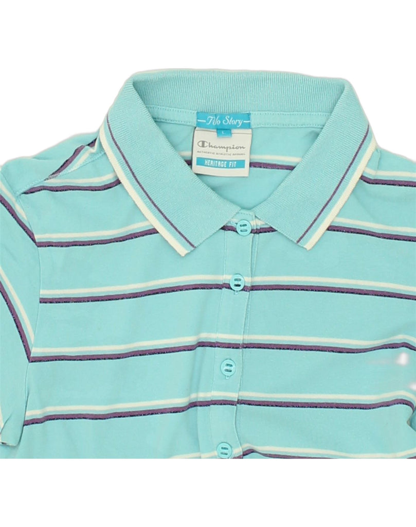 CHAMPION Girls Polo Shirt 12-13 Years Large Blue Striped Cotton | Vintage Champion | Thrift | Second-Hand Champion | Used Clothing | Messina Hembry 